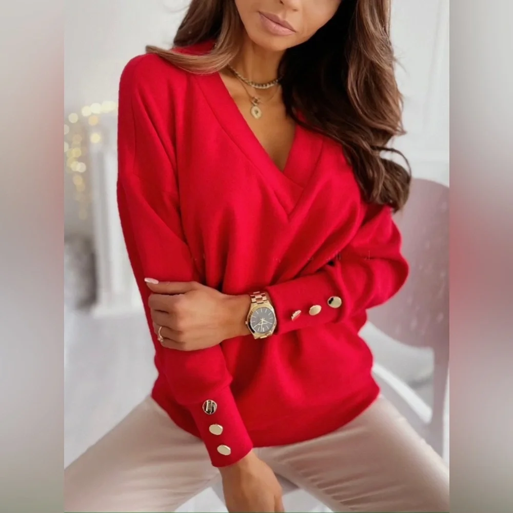 V-Neck Long Sleeve Sweatshirt red - Picture 4 of 11